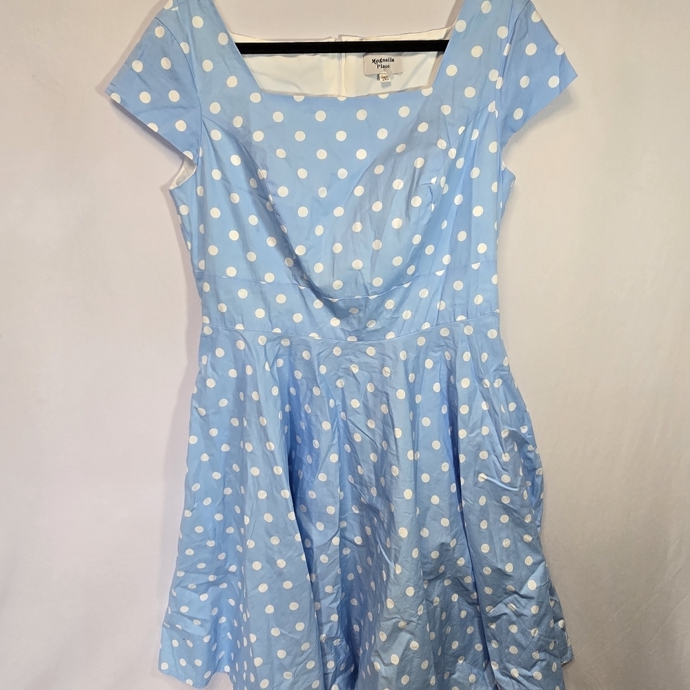 Magnolia Place Baby Blue Vintage Style Pin Up A Line Polka Dot Dress, Sz 2xl
